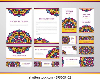 Business cards with mandala. Vector template, tribal theme. Vintage envelope and brochure collection.