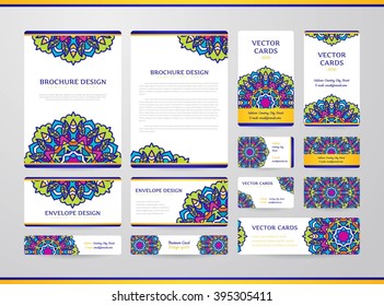 Business cards with mandala. Vector template, tribal theme. Vintage envelope and brochure collection.