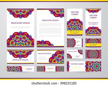 Business cards with mandala. Vector template, tribal theme. Vintage envelope and brochure collection.