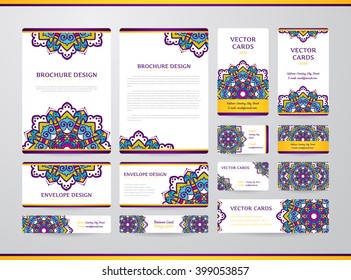 Business cards with mandala. Vector template, tribal theme. Vintage envelope and brochure collection.