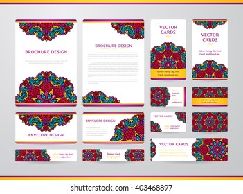 Business cards with mandala. Vector template, tribal theme. Vintage envelope and brochure collection.