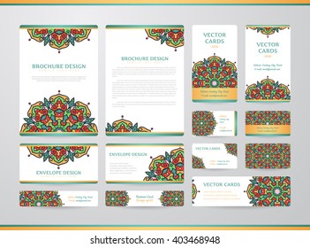 Business cards with mandala. Vector template, tribal theme. Vintage envelope and brochure collection.