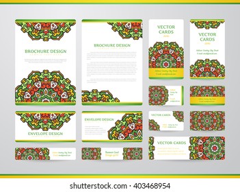 Business cards with mandala. Vector template, tribal theme. Vintage envelope and brochure collection.