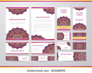 Business cards with mandala. Vector template, tribal theme. Vintage envelope and brochure collection.