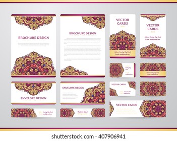 Business cards with mandala. Vector template, tribal theme. Vintage envelope and brochure collection.
