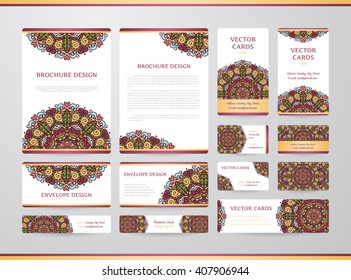 Business cards with mandala. Vector template, tribal theme. Vintage envelope and brochure collection.