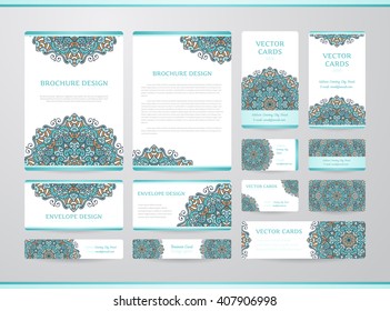 Business cards with mandala. Vector template, tribal theme. Vintage envelope and brochure collection.
