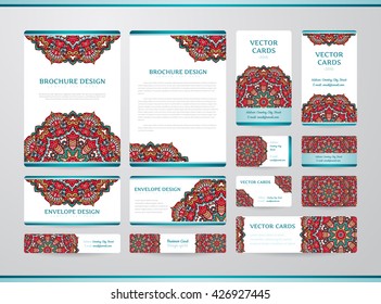 Business cards with mandala. Vector template, tribal theme. Vintage envelope and brochure collection.