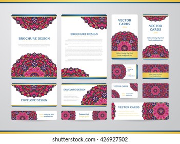 Business cards with mandala. Vector template, tribal theme. Vintage envelope and brochure collection.