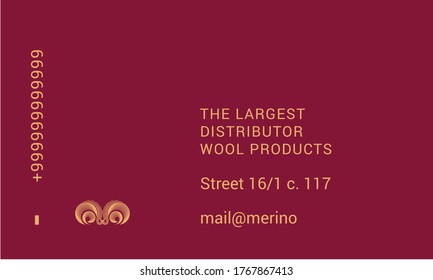 Business Cards. Merino sheep logo. Vector ram illustration. 100% natural wool product. Hand Drawn Lamb Silhouette with Retro Typography. Layout of cards, posters, business cards.