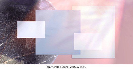 Business cards mockup on marble background. Sunlight from window and natural lighting overlay shadows with template empty posters, paper blank on top view. Realistic vector illustration.