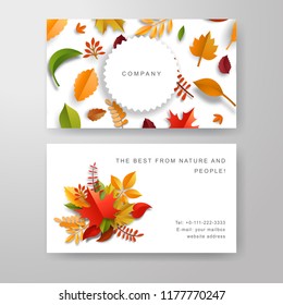 Business cards on the autumn theme with a pattern of leaves. Label for the name of the company. Paper art