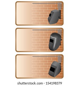 Business cards with a picture of a face shield welder against the brickwork. The illustration on a white background.