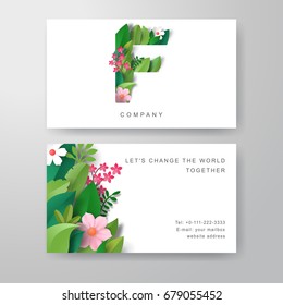 Business cards with plant pattern and letter F. Paper cut art. Place for your text.