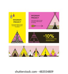 Business cards and promotional flyers with a picture of wigwams. Seamless border decorated wigwams with ornamental elements. Line style. Boho elements. Vector template