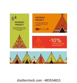 Business cards and promotional flyers with a picture of wigwams. Seamless border decorated wigwams with ornamental elements. Line style. Boho elements. Vector template