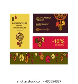 Business cards and promotional flyers with a picture of  dreamcatcher. Seamless border decorated feathers and beads. Line style. Boho elements. Vector template