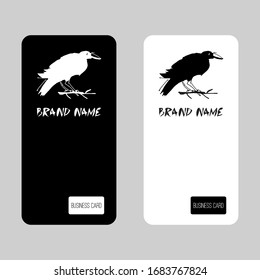 Business cards with raven. Black and white backgrounds. Vector design. 
