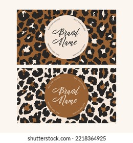 Business cards ready-made vector editable set with leopard skin hand-drawn print and trendy label for brandmark