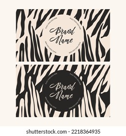 Business cards ready-made vector editable set with zebra skin hand-drawn print and trendy label for brandmark