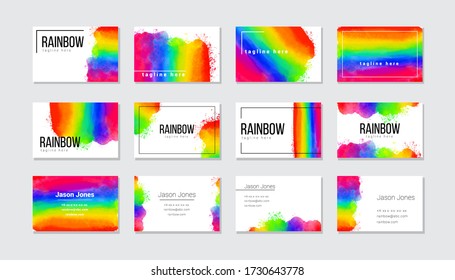 Business cards set with bright watercolor rainbow