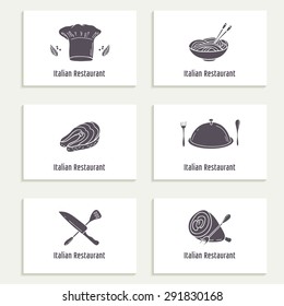 Business cards set with food silhouette. Template for restaurant or cafe. Hand drawn labels.  Outline style vector illustration