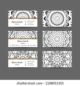 Business cards set, mandala design, black and white, Indian and Arabic motifs.