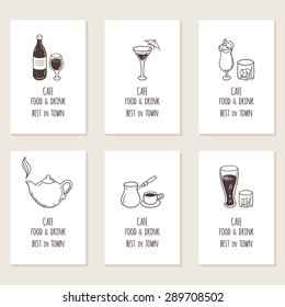 Business cards set with outline hand drawn drinks. Retro style background. Vector illustration