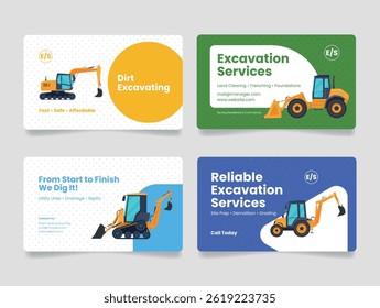 Business cards showcasing excavation services with various designs and equipment illustrations