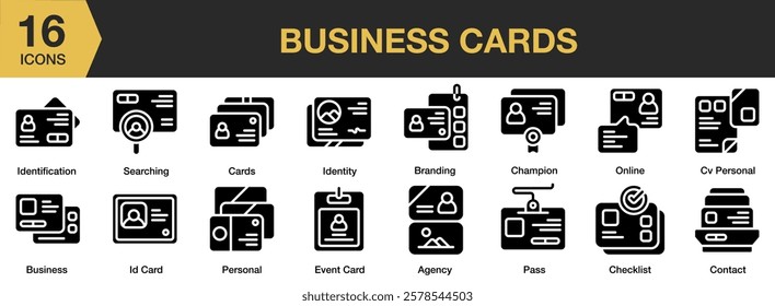 Business Cards solid icon set. Includes business, identity, business card, company, contact, and More. Solid icons vector collection.