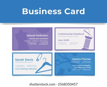 Business cards for a tailoring service feature stylish designs highlighting custom apparel, luxury alterations, and a personal touch. Each card presents tailored details for clients.