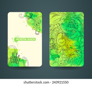 Business cards template with abstract monsters, doodles. Watercolor background. Hand drawn, Colorful header. Cartoon design. Outline illustration