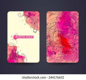 Business cards template with abstract monsters, doodles. Watercolor background. Hand drawn, Colorful header. Cartoon design. Outline illustration