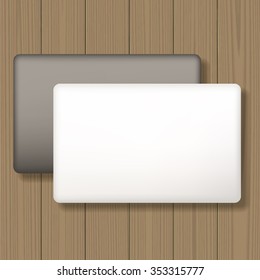 Business cards template.  Blank mockup on wooden background. Add your own background, text, logo, or any other design. Vector illustration.