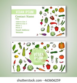 Business cards template with hand drawn doodle vegetables icons for vegan shop or restaurant. Vector illustration. Cartoon various types of seasonal veggie symbols on white background. Sketchy style.
