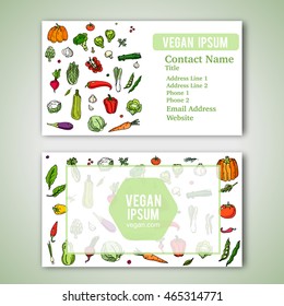Business cards template with hand drawn doodle vegetables icons for vegan shop or restaurant. Vector illustration. Cartoon various types of seasonal veggie symbols on white background. Sketchy style.