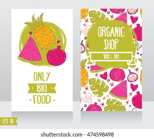 Business cards template for organic foods shop or vegan cafe, vector illustration