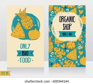 Business cards template for organic foods shop or vegan cafe, vector illustration