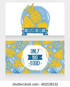 Business cards template for organic foods shop or vegan cafe, blue and yellow colors, vector illustration