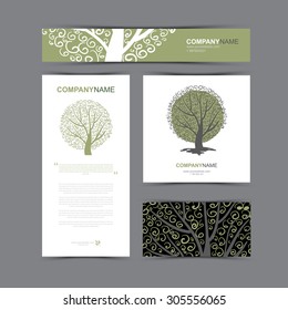 Business cards template with stylized tree. 
Beautiful tree logo. Vector illustration.
Card, banner and pattern background. 