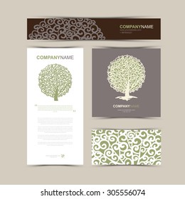 Business cards template with stylized tree. 
Beautiful tree logo. Vector illustration.
Card, banner and pattern background. 