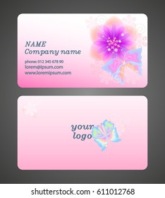 Business cards templates. Graphic design. Delicate purple background with flowers and butterflies.  Vector picture.