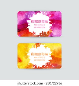 Business cards templates. Watercolor design. Cards with bright abstract watercolor backgrounds and stains. Invitations, flyers. Vector illustration.  