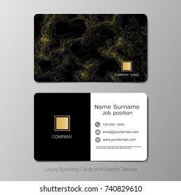 Business cards vector template, Abstract yellow dark waves line on black background and golden foil details, Simple style also modern and elegant, Easy to customize it to fit your needs.