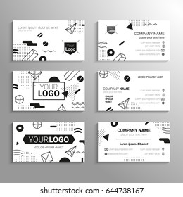 Business cards - vector template with black and white abstract background. Represent yourself, company, services, contact information. Modern outlook with different shapes. Copy space for your logo.