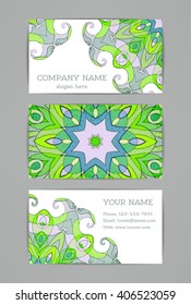 Business cards. Vintage green ornament with swirls. Arabic, Islam, Indian,Turkish motifs. Free place for your text. Vector illustration