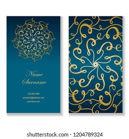 Business card.Template with lace ornament.Vintage gold lace on blue background with place for text. Can be used for decorating of invitations, cards.Vector illustration in asian, arabic or east style.