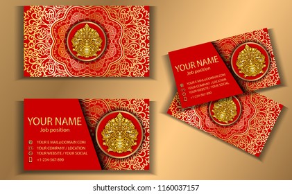 Business Card.Thailand ancient and Mandala india Gold Luxury concept Design Template.Asian traditional art style.for Cover card business,layout company name template.vector illustration.