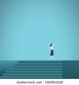 Business career achievement vector concept with businesswoman standing on top of stairs. Symbol of corporate ladder, promotion, success, motivation and ambition. Eps10 vector illustration.