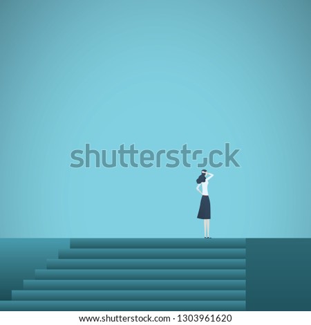 Business career achievement vector concept with businesswoman standing on top of stairs. Symbol of corporate ladder, promotion, success, motivation and ambition. Eps10 vector illustration.